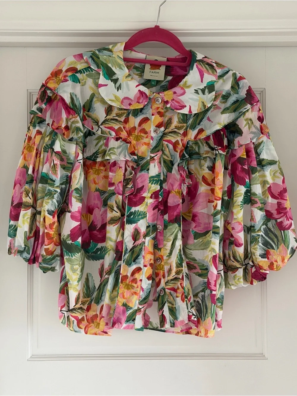 FARM Rio Pink & Green Floral Puff-Sleeve Blouse, size XL